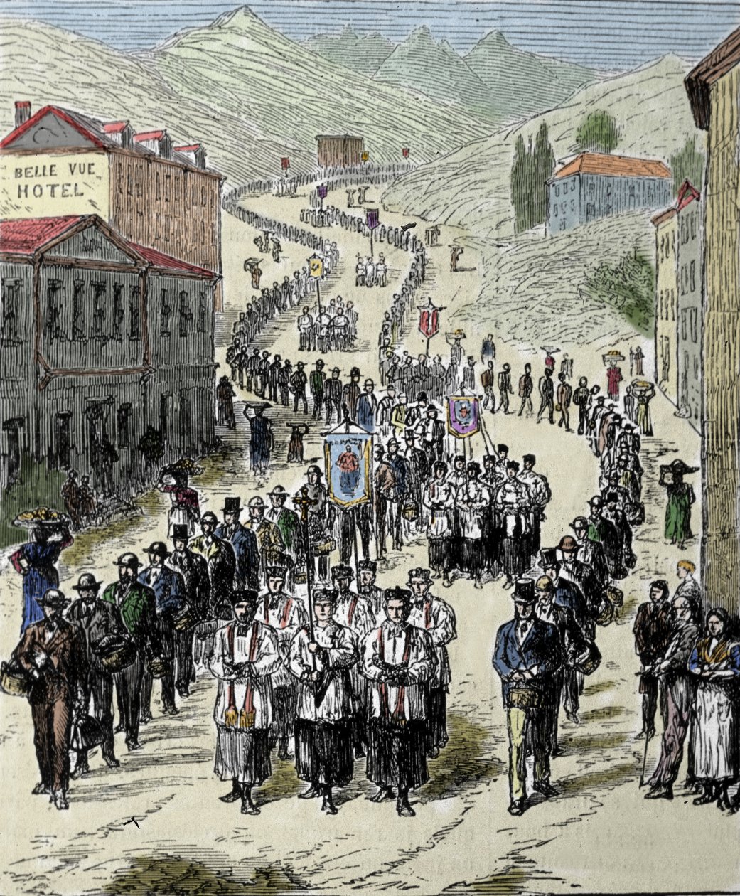 Kilátás a körmenetről az állomástól a Lourdes-i barlanghoz a Magas-Pireneusokban, ahol a Szűzanya megjelent Bernadette Soubirousnak (1844-1879) 1858-ban, a jelenlegi zarándokhely. századi metszet alkotó: Unknown artist