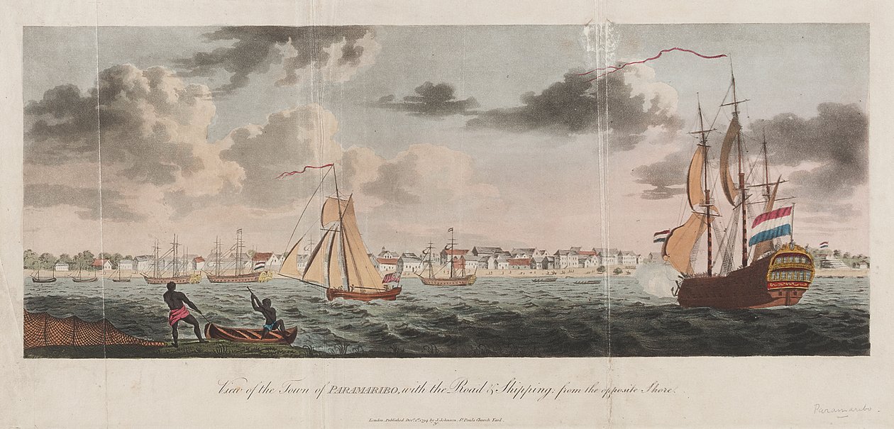 Paramaribo városának látképe, az út és a hajózás a túlsó part felől alkotó: Unknown artist
