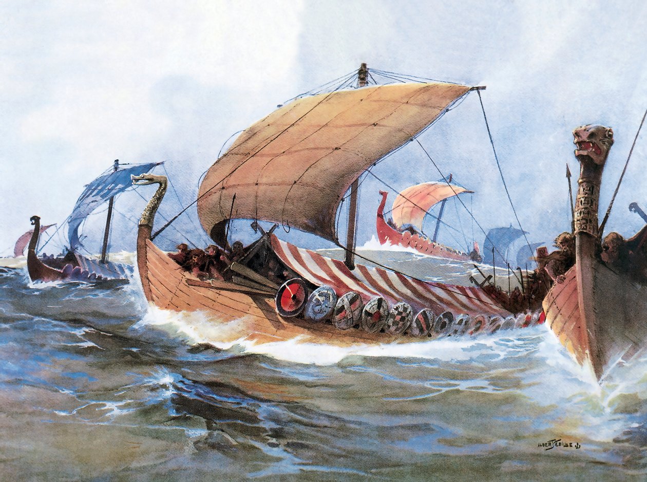 Viking hajó Normandia felé, akvarell alkotó: Unknown artist
