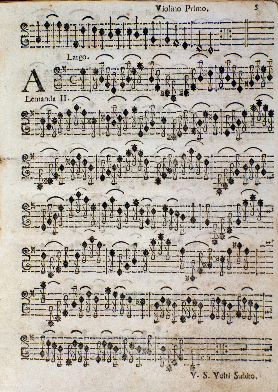 Hegedű. Kottaoldal a Balletto a 3, op. 3, Tomaso Albinoni (1701) alkotó: Unknown artist