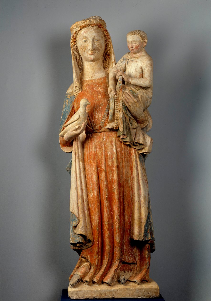 Szűz és gyermek A Szűz galambot tart a kezében. Polikróm kőszobor. 15. század. Montaigu les Bois templom. alkotó: Unknown artist