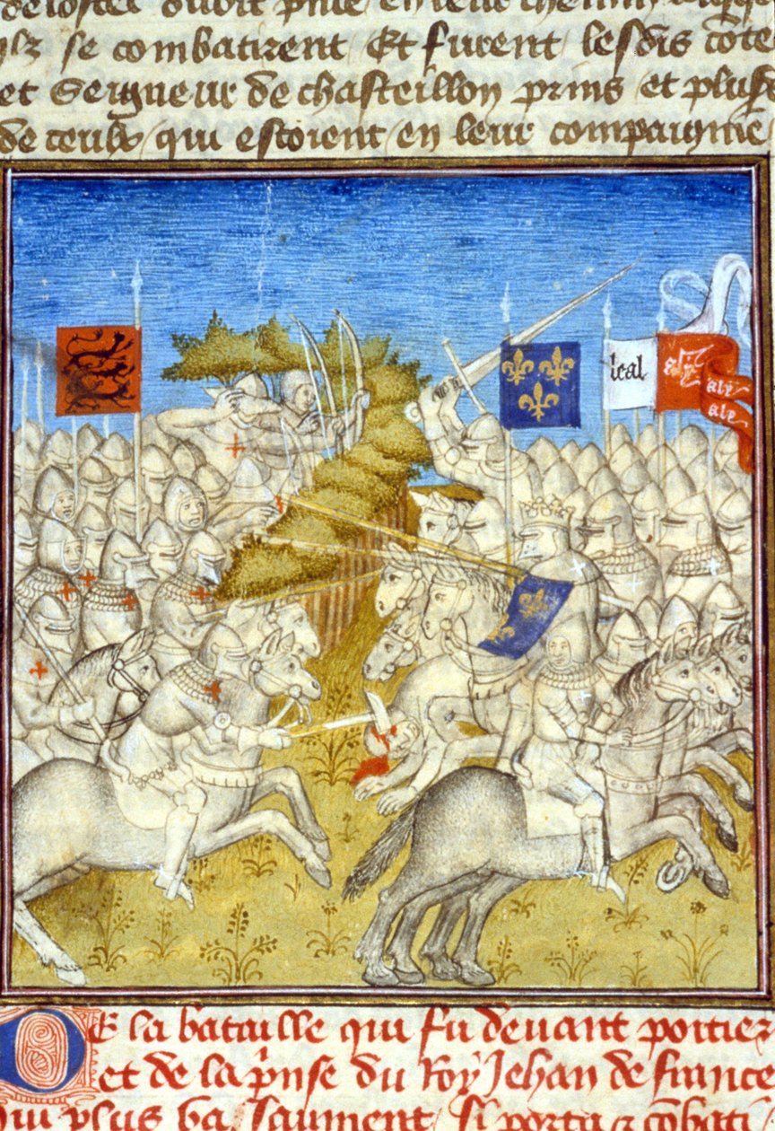 Százéves háború: Poitiers-i csata – „” Grandes Chronicles de Saint-Denis”-ben”, 14. század vége (ref. 512, 392v) alkotó: Unknown artist