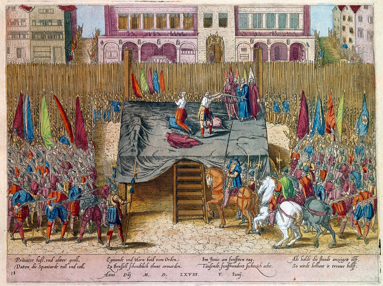 Kilencvenéves háború: Lamoral dekollációja, Egmont grófja, Gavre hercege (1522-1568), holland politikus. Az albai herceg által létrehozott Conseil des gonds (vagy vértanács) keretében ítélték el. Metszés. Paris B.N. alkotó: Unknown artist