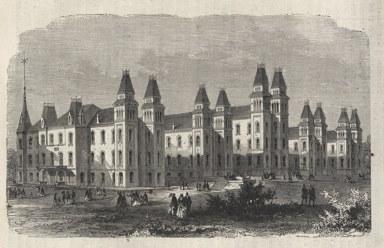 Ward Island Bevándorló Kórház - New York állam - Az Emigration Commission Establishment - Metszet a „The Illustrious Universe” 1869-ben alkotó: Unknown artist
