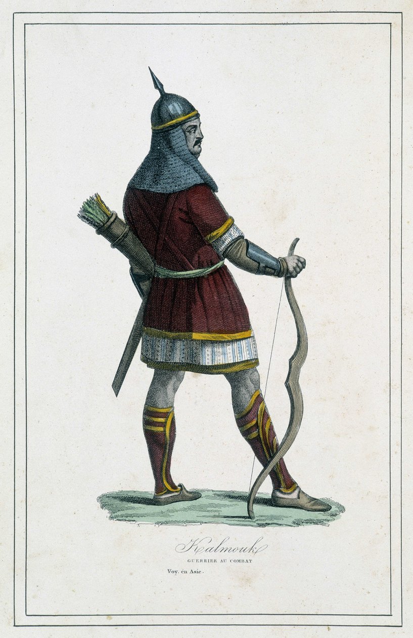 Harcos Kalmouk (Siberia Meridionale mongol népe) – P. Jouhanneaud abbé, Librairie des Bons Livres, Limoges „A föld különböző népei” című könyvében alkotó: Unknown artist