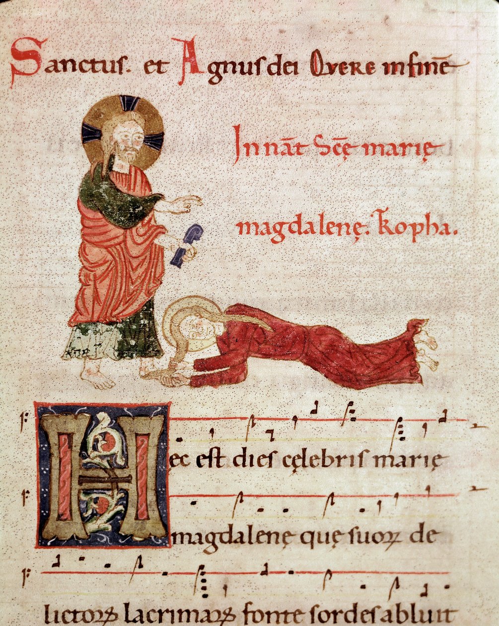 Lábmosás: Mária Magdolna Krisztus lábára támaszkodva Miniatűr fokozatos antifóniából (javítás) (ms. 65) 12. század Piacenza, Biblioteca Capitolare alkotó: Unknown artist