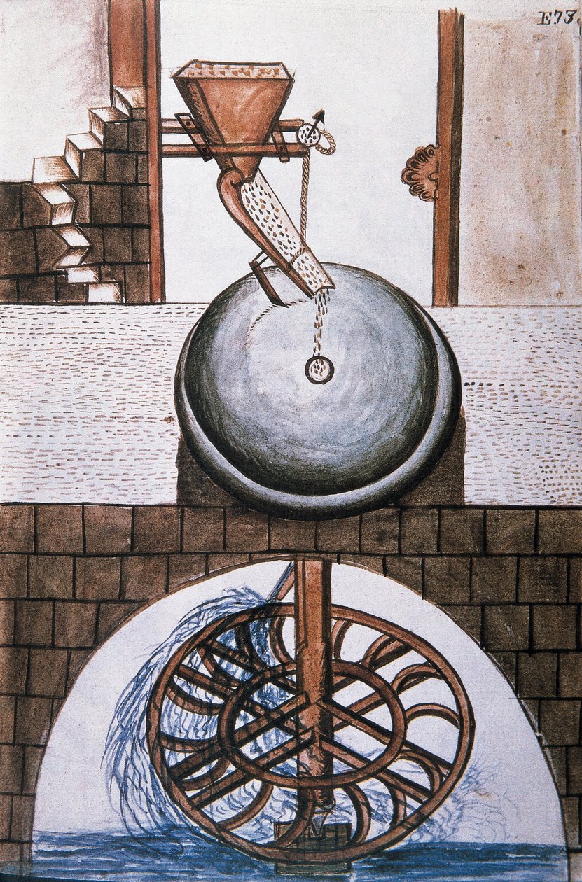 Vízimalom, Baltazar Martinez Companion és Bujanda, Trujillo püspöke (1782-1785) "Trujillo of Peru" vagy "Codex Martinez Companion" című könyvéből alkotó: Unknown artist