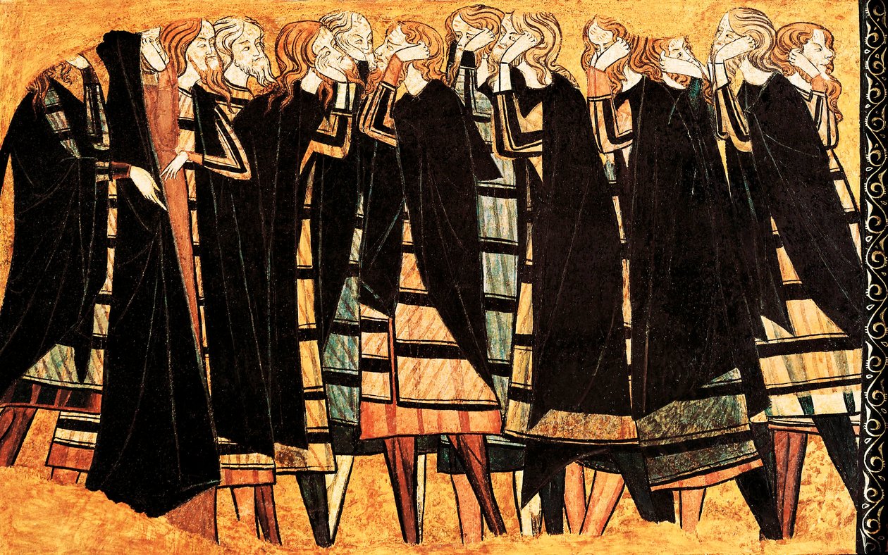 Sírás fekete köpenyben Don Sancho Saiz de Carillo lovag sírján, a sírt díszítő freskó részlete. Detrempe fán. 13. század vége. Catalunya Nemzeti Múzeum, Barcelona. alkotó: Unknown artist
