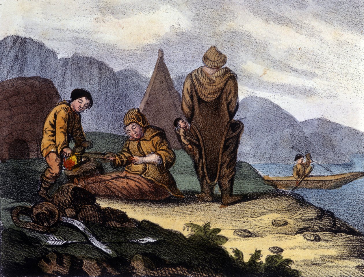 Nyugat-Grönland-parti eszkimók. 19. század eleji litográfia alkotó: Unknown artist