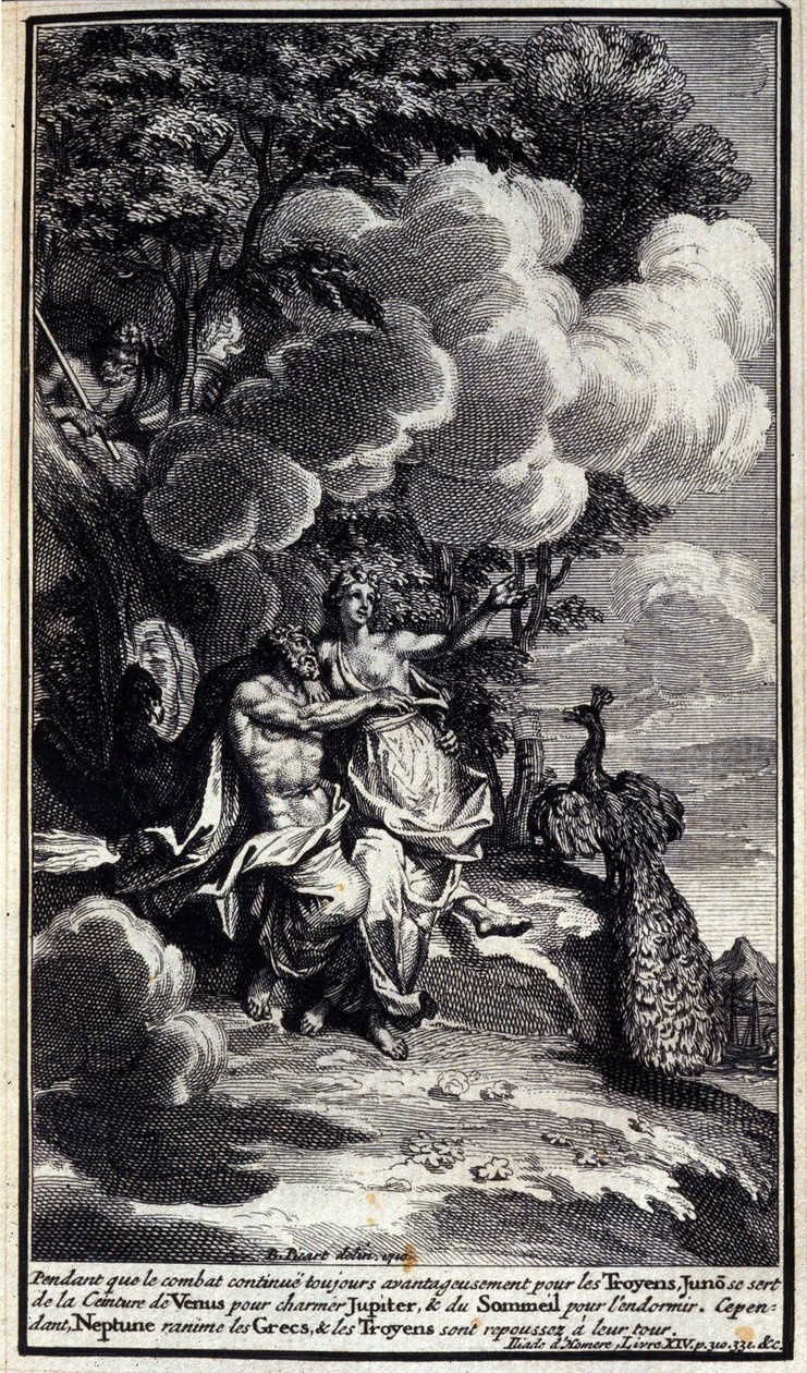 Míg a harc továbbra is előnyös a trójaiak számára, Junon Vénusz övét használja, hogy elbűvölje Jupitert, és elaludja, hogy elaltassa. A Neptunusz azonban feléleszti a görögöket, a trójaiakat pedig elfordítják. Homérosz Iliászának XIV. könyvének illusztráci alkotó: Unknown artist
