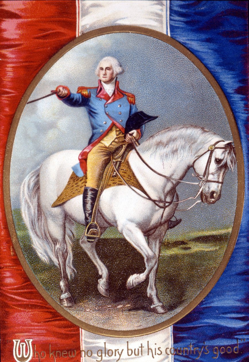 Aki nem ismert dicsőséget, csak hazája javát: George Washington (1732-1799), aki medálban lovagol a francia zászló hátán. századi kromolitográfia. alkotó: Unknown artist