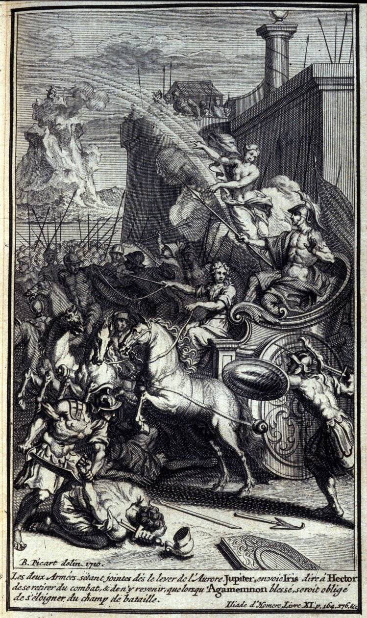 Amikor a két hadsereg csatlakozott a hajnali hajnalhoz, Jupiter elküldte Iriszt, hogy mondja meg Hectornak, hogy vonuljon ki a csatából, és csak akkor térjen vissza, ha Agamemnon megsérül, és kénytelen lesz elköltözni a csatatérről. Homérosz Iliász XI. kön alkotó: Unknown artist
