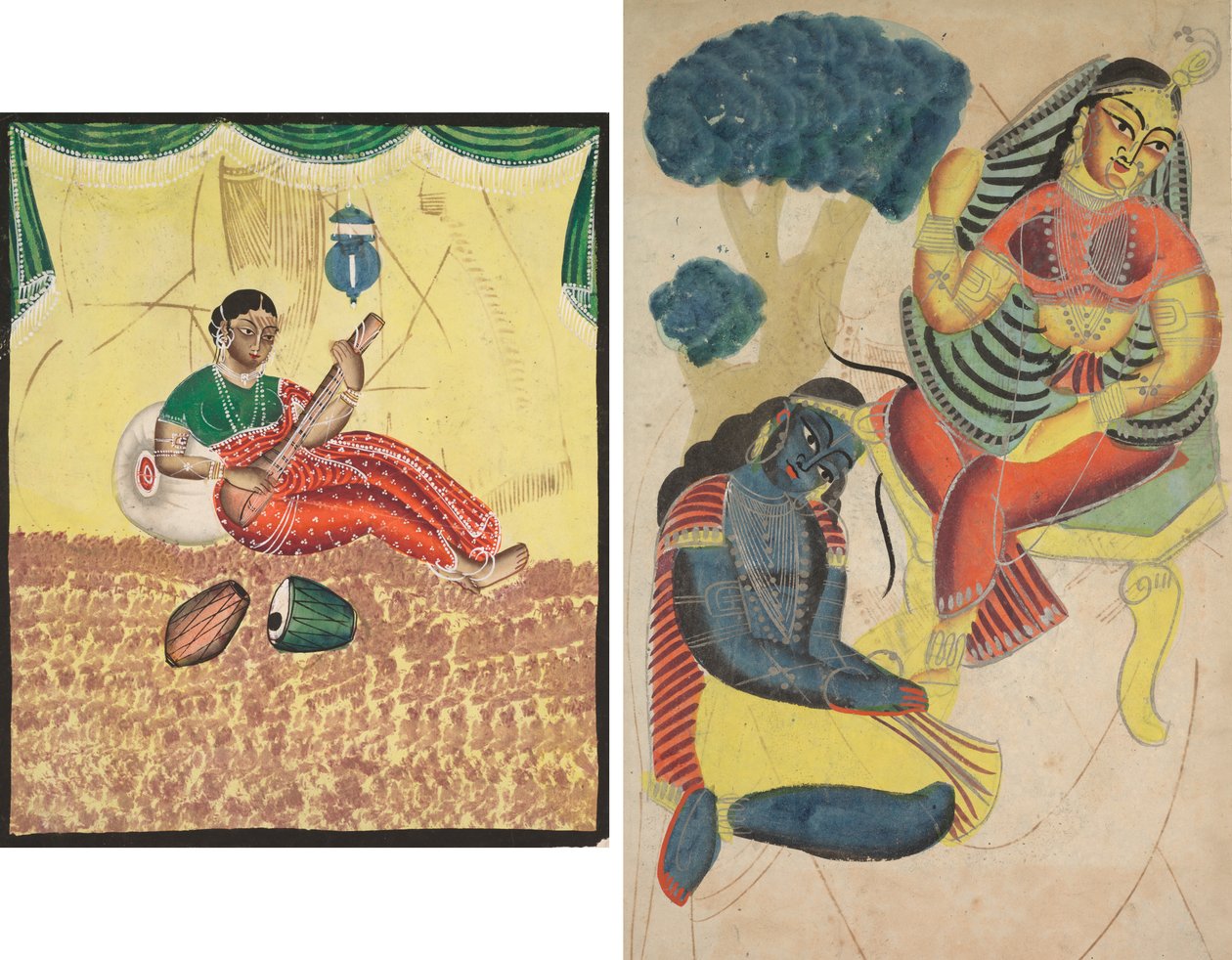 Nő zenél (recto); Krishna simogatja Radha lábát (fordítva) alkotó: Unknown artist