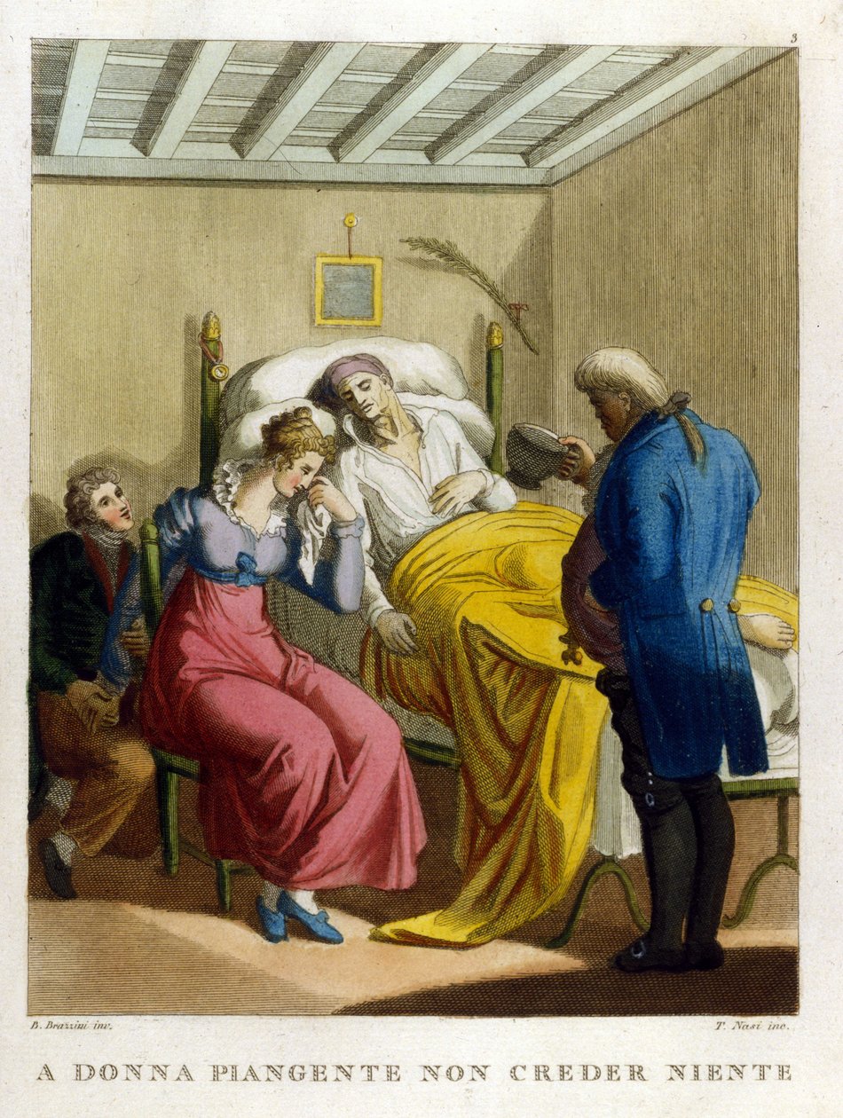 „Női könnyek, a rosszindulat forrása. Nézz egy nőt sírni." 18. századi metszet, amely egy sor közmondást illusztrál. alkotó: Unknown artist