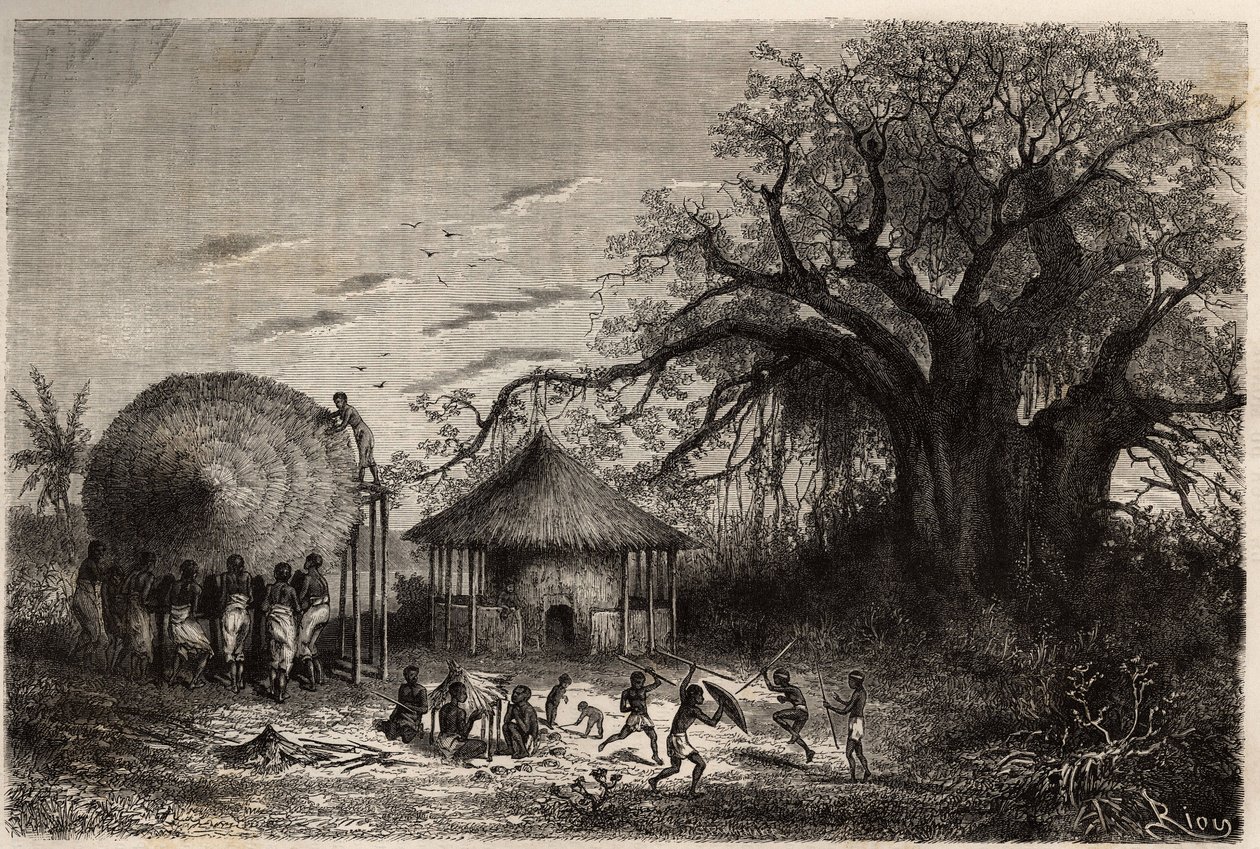Asszonyok Zambeze széléről integetnek kunyhókban és az előtérben, gyerekjáték. Metszet Dr. Livingstone első dél-afrikai útjainak illusztrálására 1840 és 1856 között, a „Le tour du monde, nouveau Journal des voyages” című folyóiratban, amely a közvetlen cím alkotó: Unknown artist