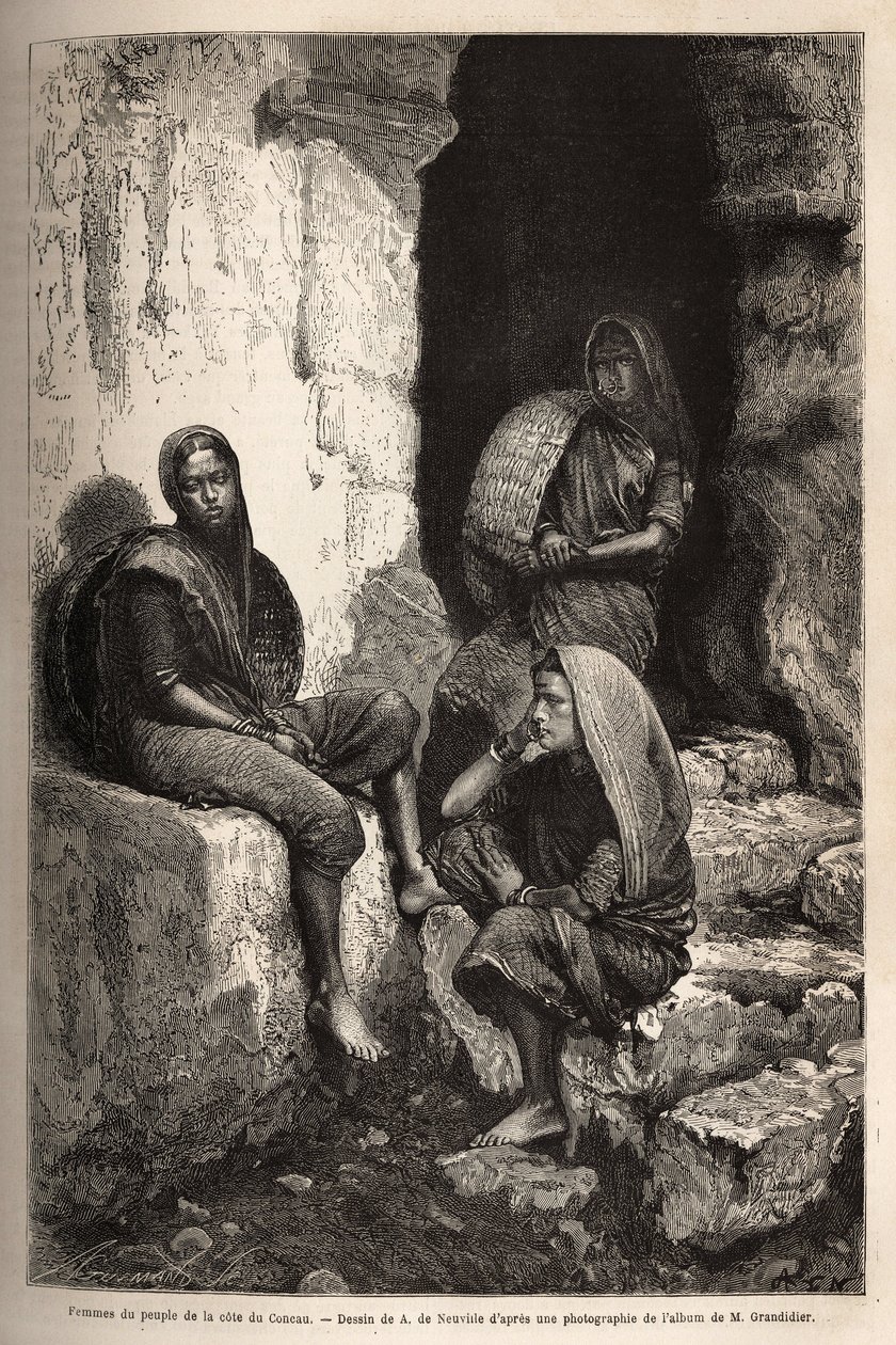 A Concau-part (vagy Konkan, India északi partja) népének női. Alfred Grandidier 1862-1864-es metszete India meridionális tartományaiban való utazás illusztrálására, megjelent a „Le tour du monde”” 1869-ben, Edouard Charton szerkesztette, alkotó: Unknown artist