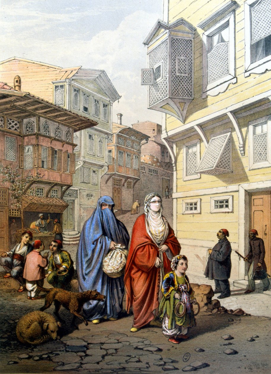Fátyolos nők egy konstantinápolyi utcában - metszet alkotó: Unknown artist