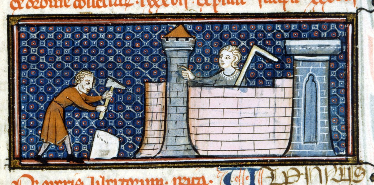 Megerősített kolostort építő munkások, miniatűr a 13. század közepéről. Biblioteca Trivulziana. alkotó: Unknown artist