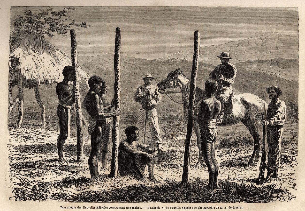 Munkások az Új-Hebridákról (vagy 1980 óta a Vanuatu Köztársaságból, egy melanéziai szigetcsoportból Új-Kaledónia északi részén), házat építenek, amellyel a szerző egy lovas kirándulás során találkozik. Engravure pour illustrrer le voyage à la Nouvelle Cale alkotó: Unknown artist