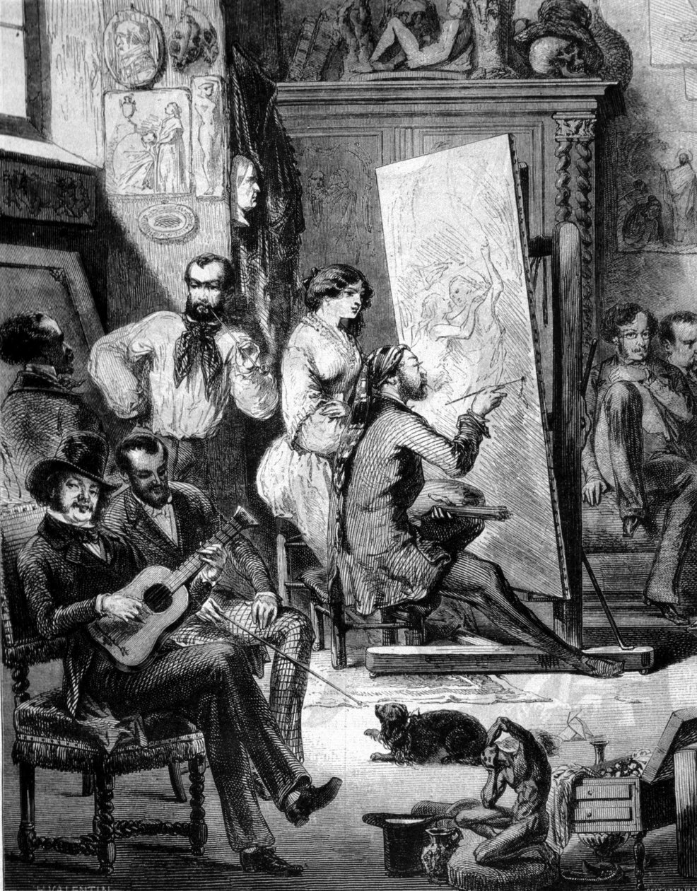 Egy festő műhelye a XIX. Vannak, akik zenélnek, mások dohányoznak, miközben a festő rajzol. századi metszet alkotó: Unknown artist