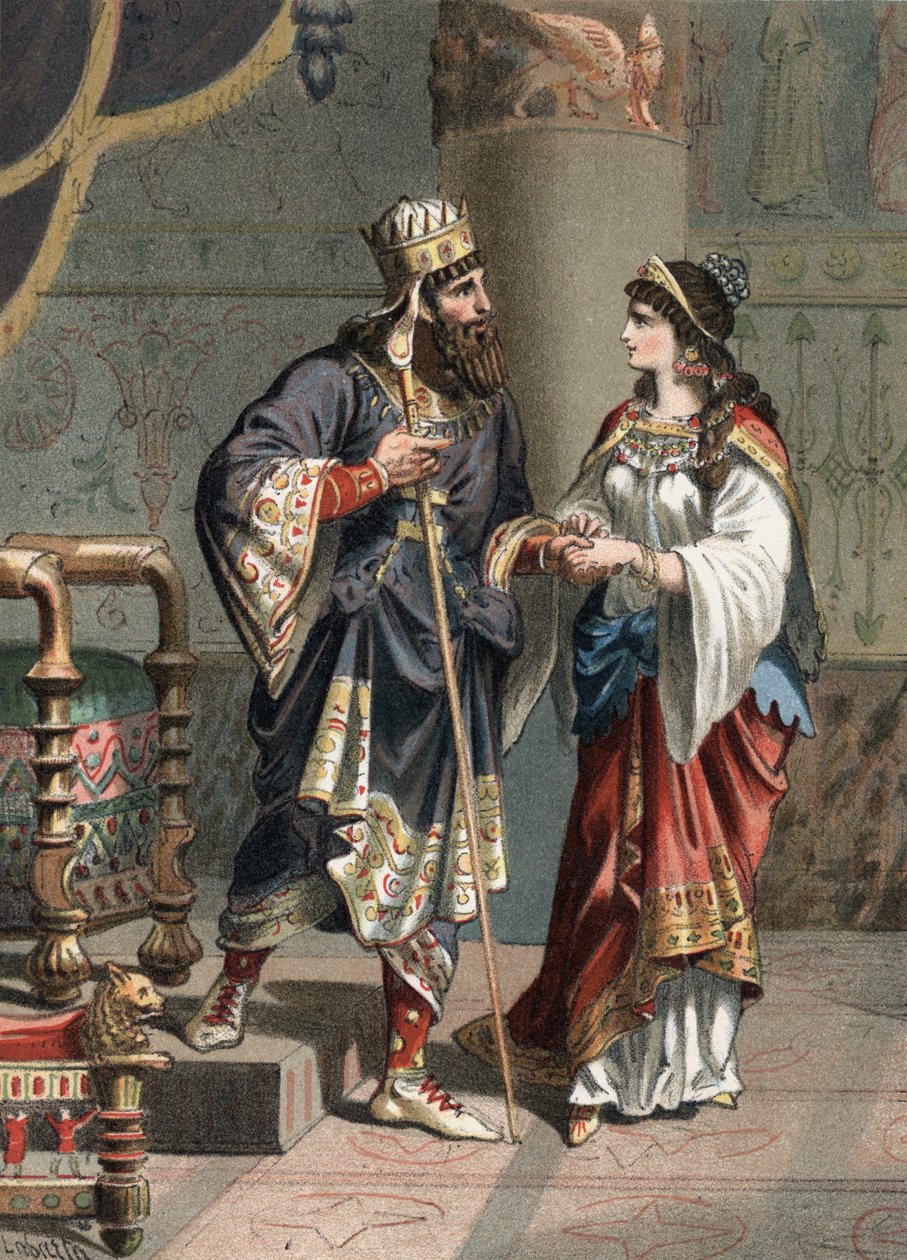 I. Xerxész Achaemenid perzsa király (Kr. e. 519-465) feleségével, Amestrisszal. Juan Justo Huguet, Molinas Hermanos szerkesztő 1881-es metszete „A szépség kultuszában” alkotó: Unknown artist