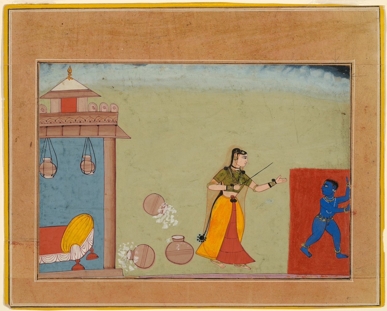 Jaszóda megfenyíti nevelt fiát, az ifjú Krsnát, oldal a Bhagavata Purána egyik kéziratából alkotó: Unknown artist