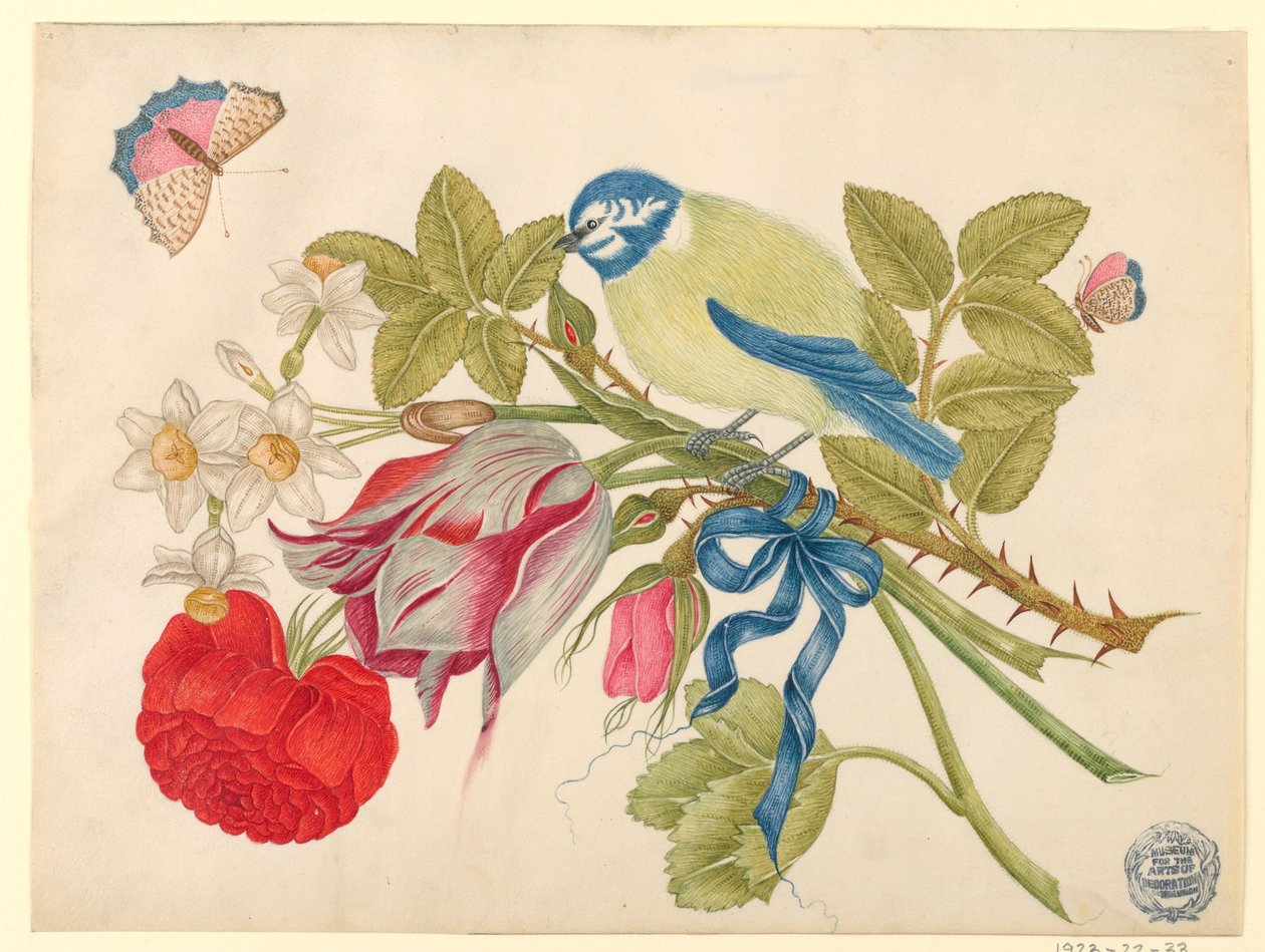 Sárga-kék madár csokor rózsával, tulipánokkal és nárciszokkal, pillangókkal alkotó: Unknown artist