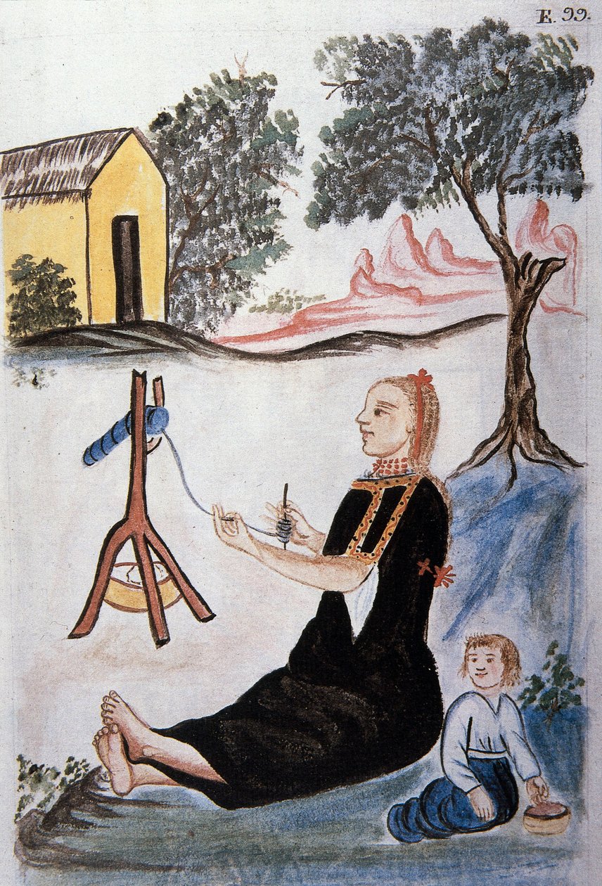 Fiatal indiai nő, gyapjúfonó, Baltazar Martinez Companion és Bujanda, Trujillo püspöke (1782-1785) "Trujillo of Peru" vagy "Codex Martinez Companion" című könyvéből alkotó: Unknown artist