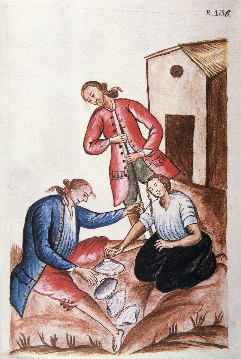 Fiatal indiánok, akik kagylójátékot játszanak, Baltazar Martinez Compañón y Bujanda, Trujillo püspöke (1782-1785) "Trujillo del Peru" vagy "Códice Martínez Compañón" című könyvéből alkotó: Unknown artist