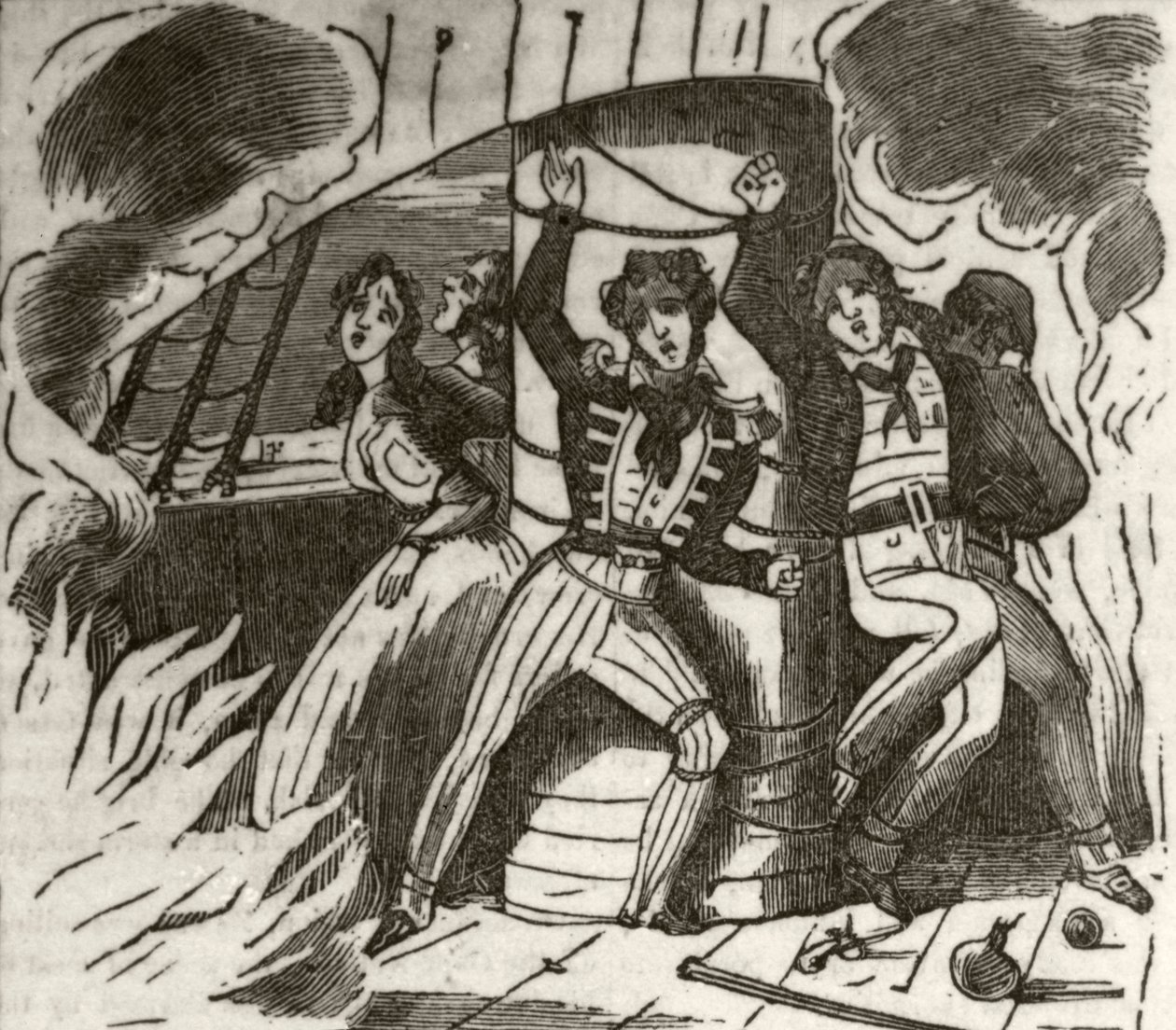 Zampa, az algeri korzár: "A kapitány, egy fiatal hölgy és egy angol hajó legénységének egy része, a főárbochoz kötözve és halálra égve", 1836 körül alkotó: Unknown artist