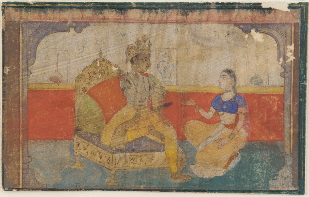 <em>A szerető (Krsna) beszélget a szeretett hírnökével</em> egy <em> Rasikapriya</em>ból alkotó: Unknown artist