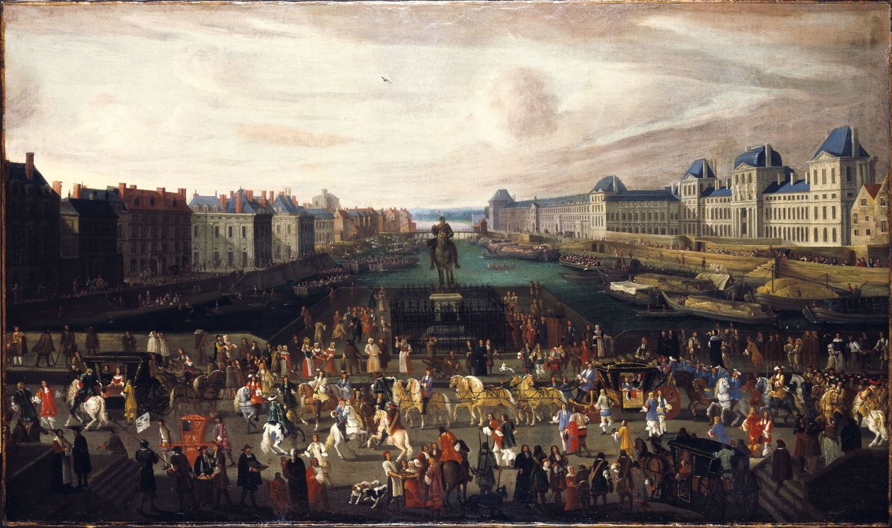 a Pont-Neuf, a Place Dauphine bejárata felől nézve, a Quai Malaquais az épülő Collège des Quatre-Nations, a Grande Galerie és a Louvre, 1665 körül. Egy felvonulás áthaladása a hídon, 1665 és 1669 között (olaj, vászon) alkotó: Unknown artist