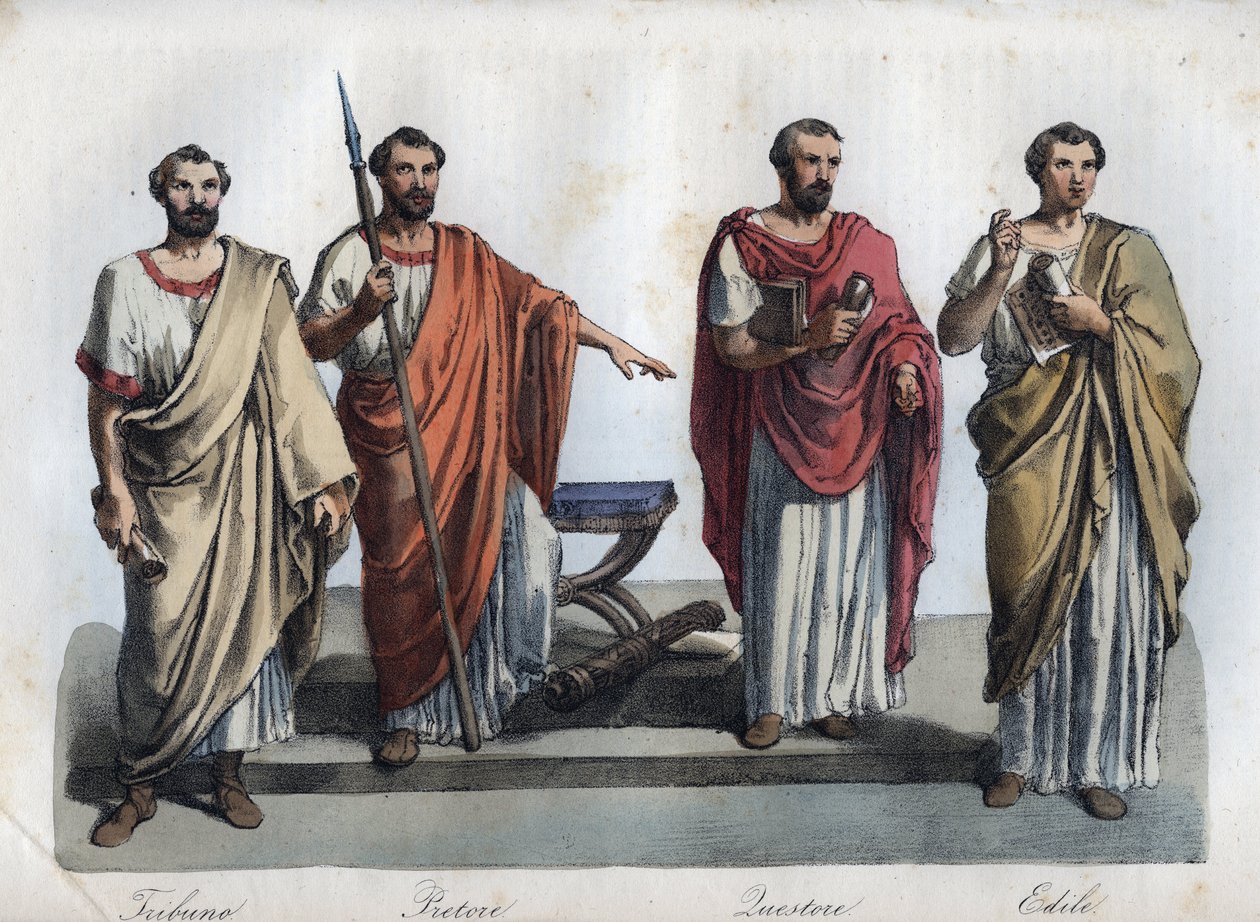 az ókori Róma bírái - Tribunus (Tribune) - praetor (Preteur) (Magistrate) - Quaestores (Quaestors) - aediles (ediles) metszet a „” A Világegyetem összes népének szokásai és szokásai” c. Vagy a kormány története, a törvények, a milícia, a király története alkotó: Unknown artist