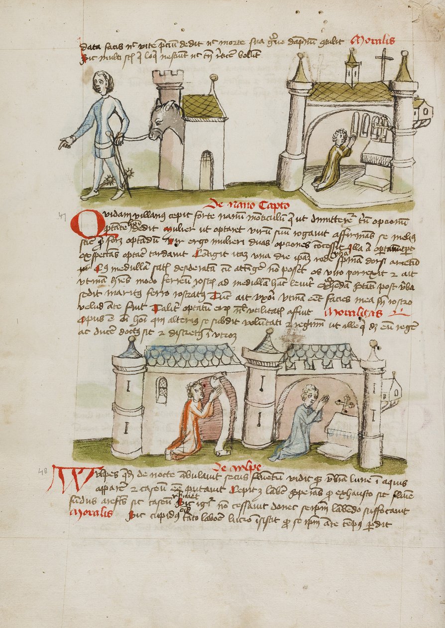 Egy kardos, sarkantyús férfi vezet egy szamarat a házából, miközben egy férfi imádkozik a közeli templomban; két ember imádkozik egy templomban. alkotó: Unknown artist/maker