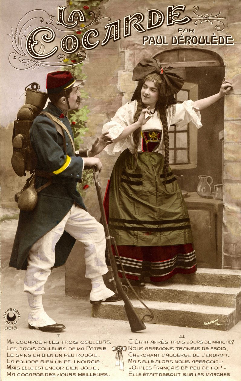 Elzász-Lotaringia csatolása az I. világháború alatt: Francia katona és elzászi nő beszélget. Képeslap 1914-1918. alkotó: Unknown photographer
