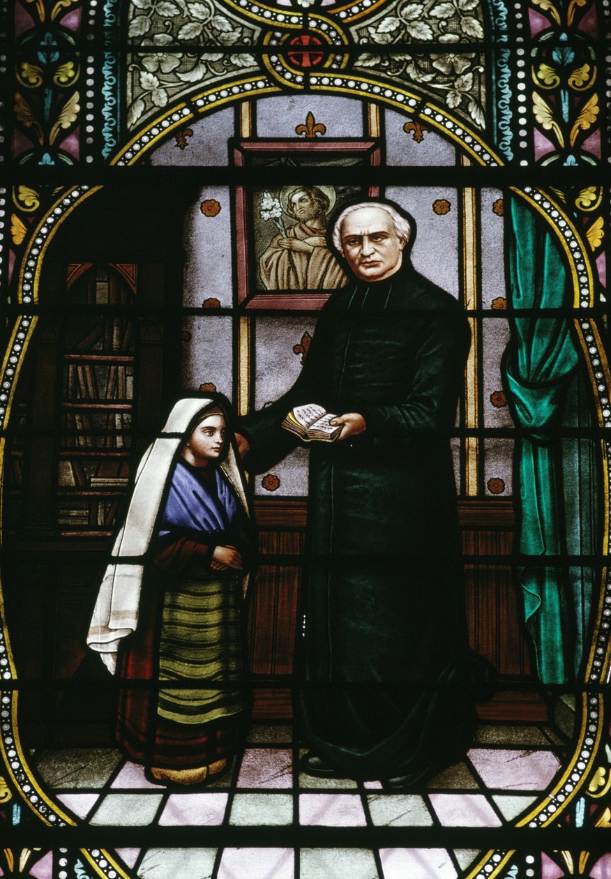 Bernadette és Abbe Peyramale, ólomüveg a lourdes-i plébániatemplomban, Languedoc-Roussillon-Midi-Pirenees, Franciaország, 20. század. alkotó: Unknown photographer
