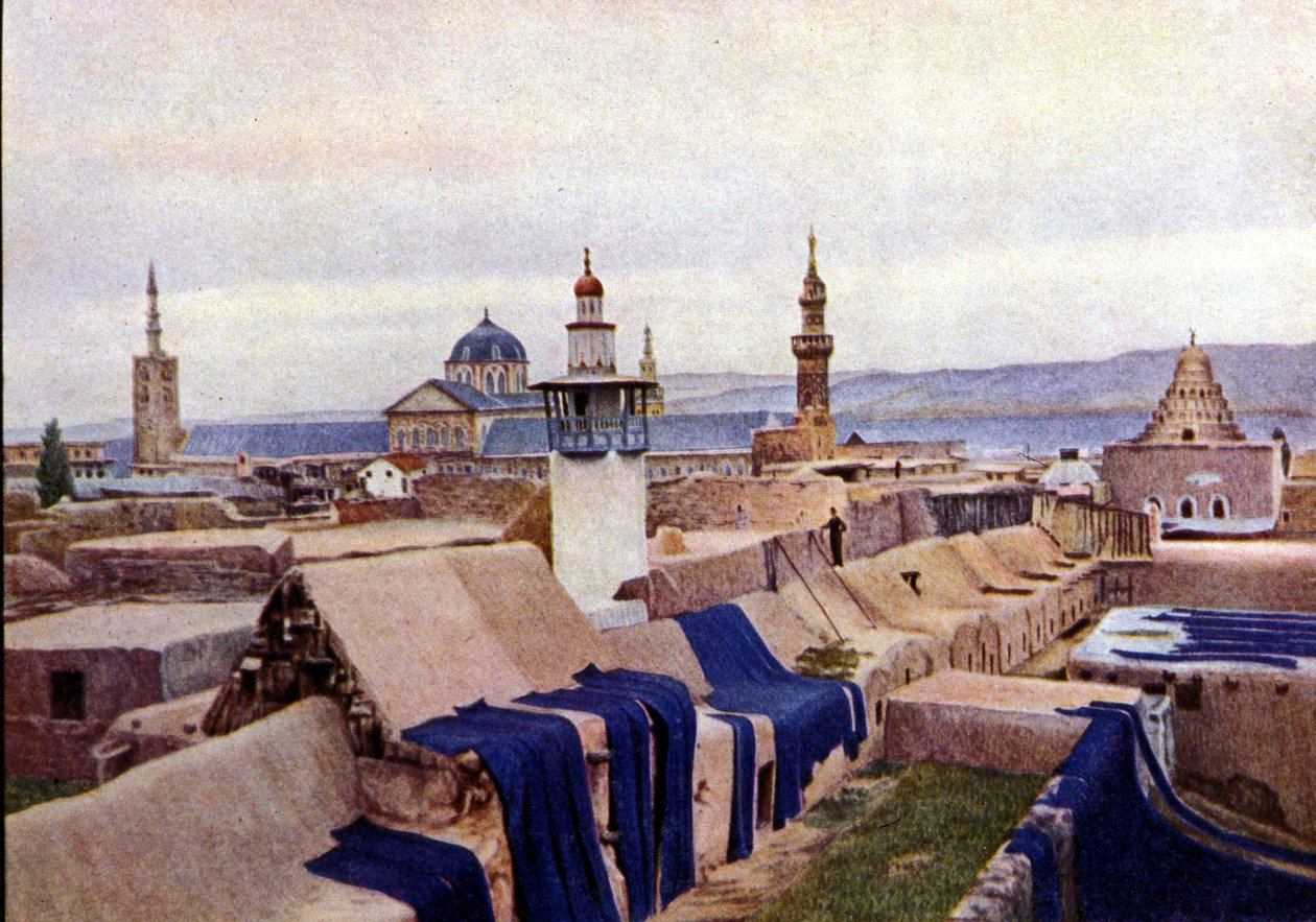 Kék pamutszövetek, amelyeket a damaszkuszi (Szíria) festők tetején szárítanak. alkotó: Unknown photographer