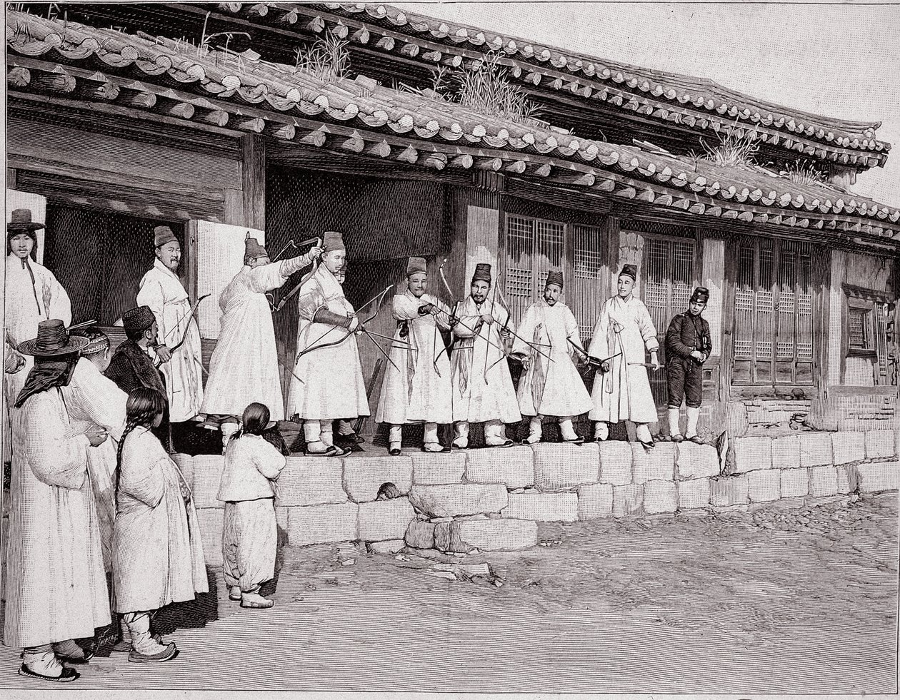 Bowmen a régi szöuli palotában, Korea, 19. század vége alkotó: Unknown photographer