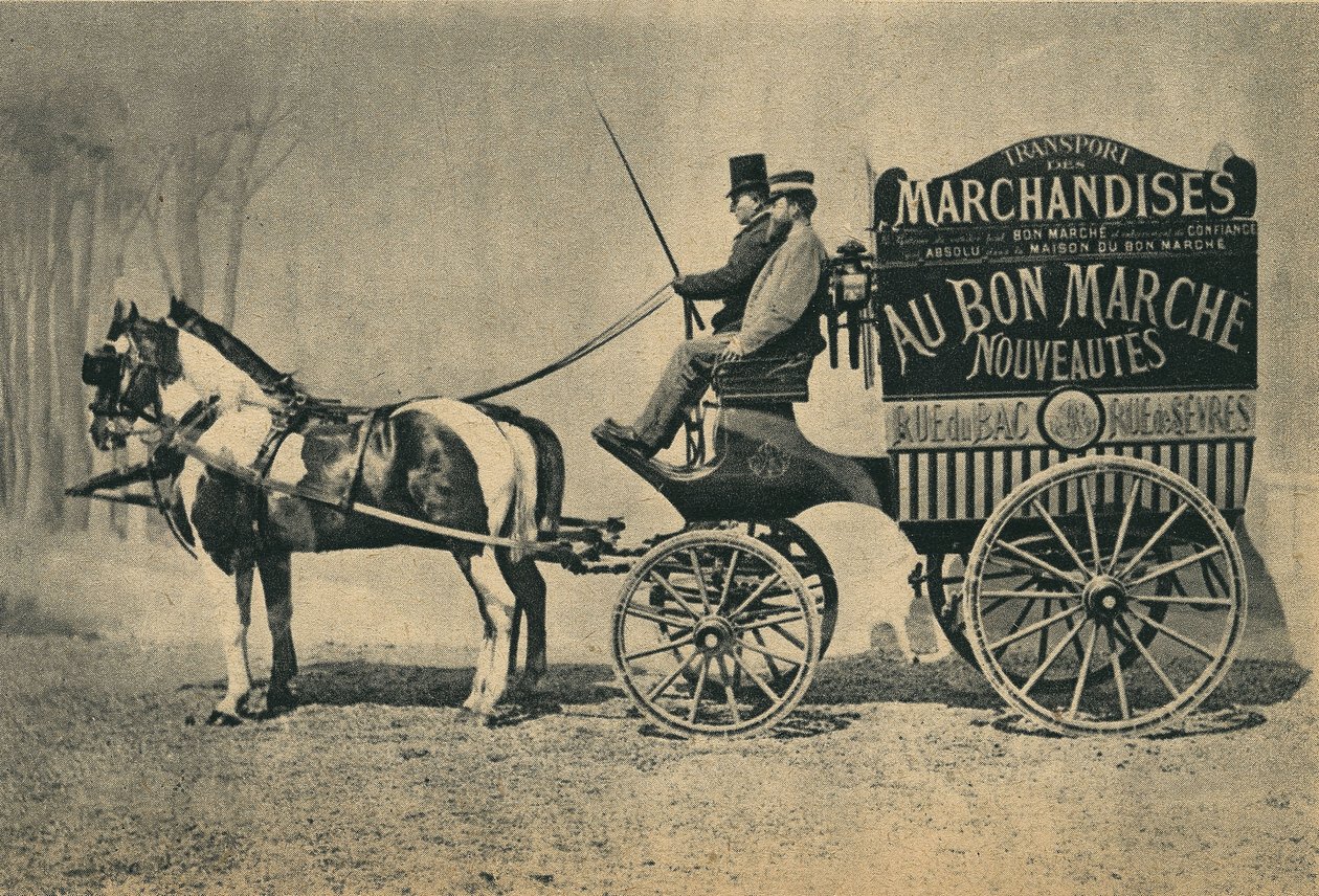 Lókocsi szállítása a párizsi „” Au Bon Marche” üzletből, a rue du Bac és rue de Sevres címen. Fényképészet, 19. század vége, Párizs. Coll. Selva. alkotó: Unknown photographer