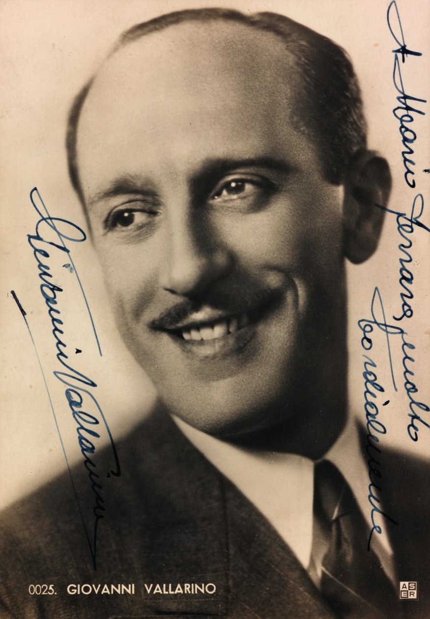 Giovanni Vallarino olasz énekes portréja dedikációval és autográf dedikációval; levelezőlap alkotó: Unknown photographer