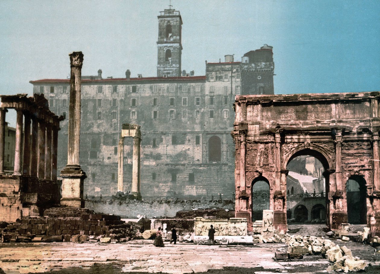 Róma. Szaturnusz temploma és Settimo Severo íve. Photochrome sd. 1900 körül. alkotó: Unknown photographer