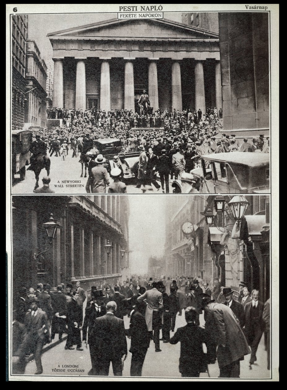 Fent: Fekete napok a Wall Streeten; lent: a londoni tőzsde az 1929-es összeomlás idején, a Pesti Naplóból. alkotó: Unknown photographer