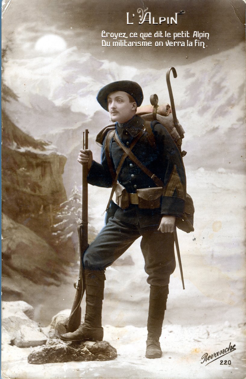I. világháborús képeslap, alpesi vadász. "Higgye el, amit a kis alpesi mond, a militarizmusnak vége lesz". (fotó) alkotó: Unknown photographer