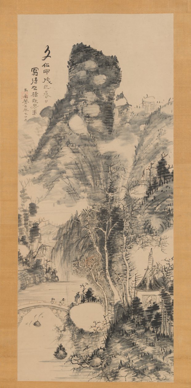 Rusztikus hídon, citerával Yakyo hokin zu, 1814. alkotó: Uragami Gyokudo