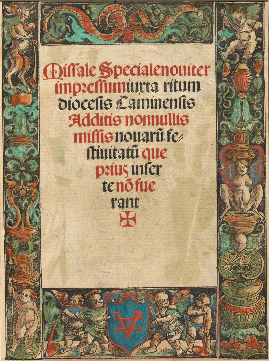 Címlap egy misekönyvhöz, Satyr és Putti Borderrel [verso], c. 1511. alkotó: Urs Graf