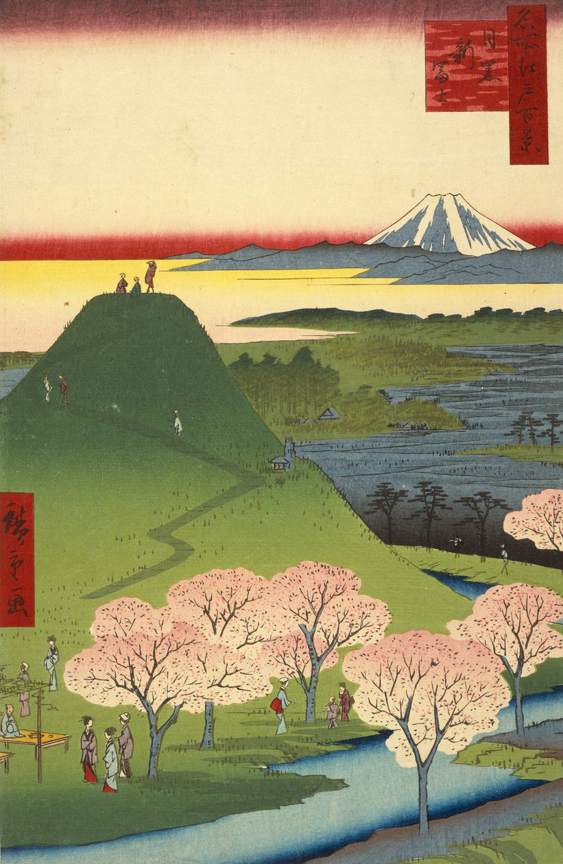 Ne w Fuji, Meguro (Meguro Shin-Fuji), a Teserie s Ridge branch d Red Fanet s Vie ws of Edo (Híres hely Edo Hya. alkotó: Utagawa Hiroshige