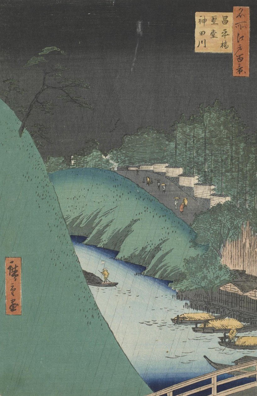 Eső a Seido csarnokban és a Shohei híd a Kanda folyón alkotó: Utagawa Hiroshige