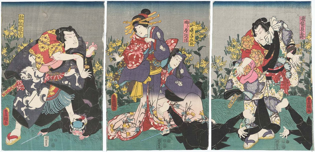 Színészek: Ichikawa Danjuro VIII, mint Nuregami Chogoro R, Ichikawa Saruzo I, mint Yamasaki Yogoro, Iwai Kumesaburo III, mint Azuma of the Fujiya C, és Arashi Rikan III, mint Hanaregoma Chokichi L alkotó: Utagawa Kunisada