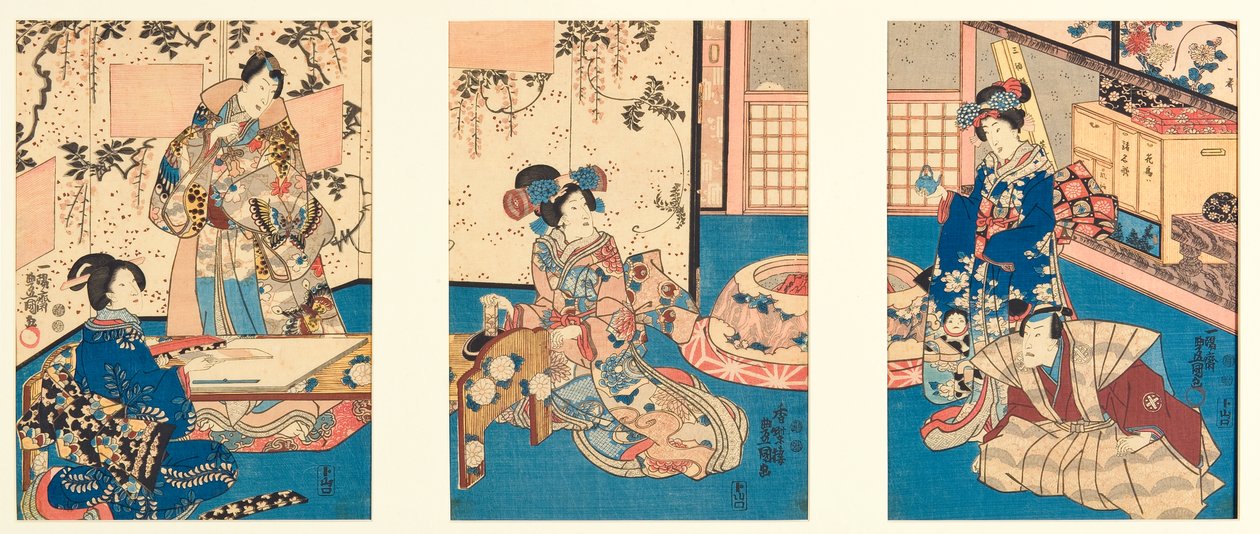 Köszörűtinta válaszlevél írásához, az Inaka Genji ihlette, 1851 (fatömb) alkotó: Utagawa Kunisada