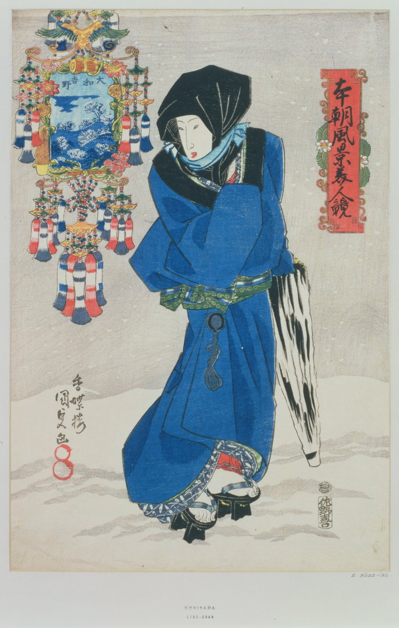 Japán nő a hóban (színes fatömb nyomat) alkotó: Utagawa Kunisada